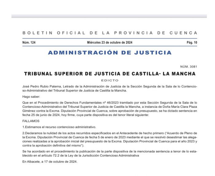 El BOP publica la nulidad de los presupuestos de la Diputación del año 2023