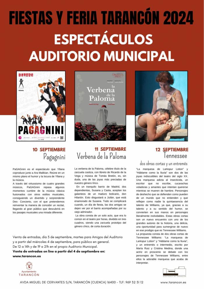 ‘Pagagnini’, ‘La Verbena de la Paloma’ y ‘Tennesse’, en el auditorio municipal para las fiestas patronales de Tarancón