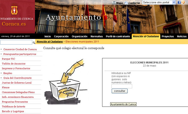 El Ayuntamiento ofrece la posibilidad de conocer el colegio electoral que le corresponde a cada conquense a través de su página web