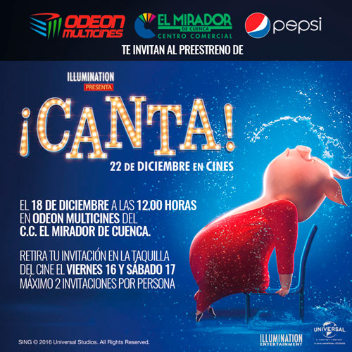 Odeon El Mirador y Pepsi te invitan al preestreno de “¡CANTA!” el domingo 18