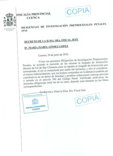 El PP de El Provencio informa que la Fiscalía Provincial de Cuenca ha señalado a Galiano como coautora de posibles delitos de falsedad 