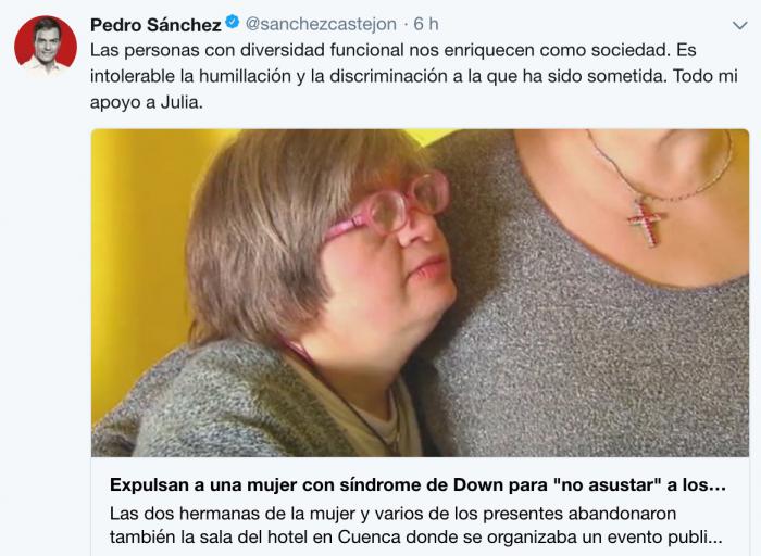 Pedro Sánchez ve 'intolerable' la expulsión de una mujer con síndrome de Down en un acto comercial en Motilla del Palancar