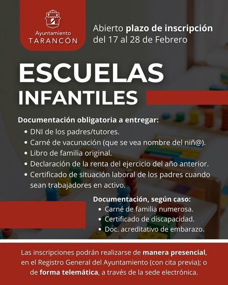 Del 17 al 28 de febrero se podrá solicitar plaza en las escuelas infantiles de Tarancón